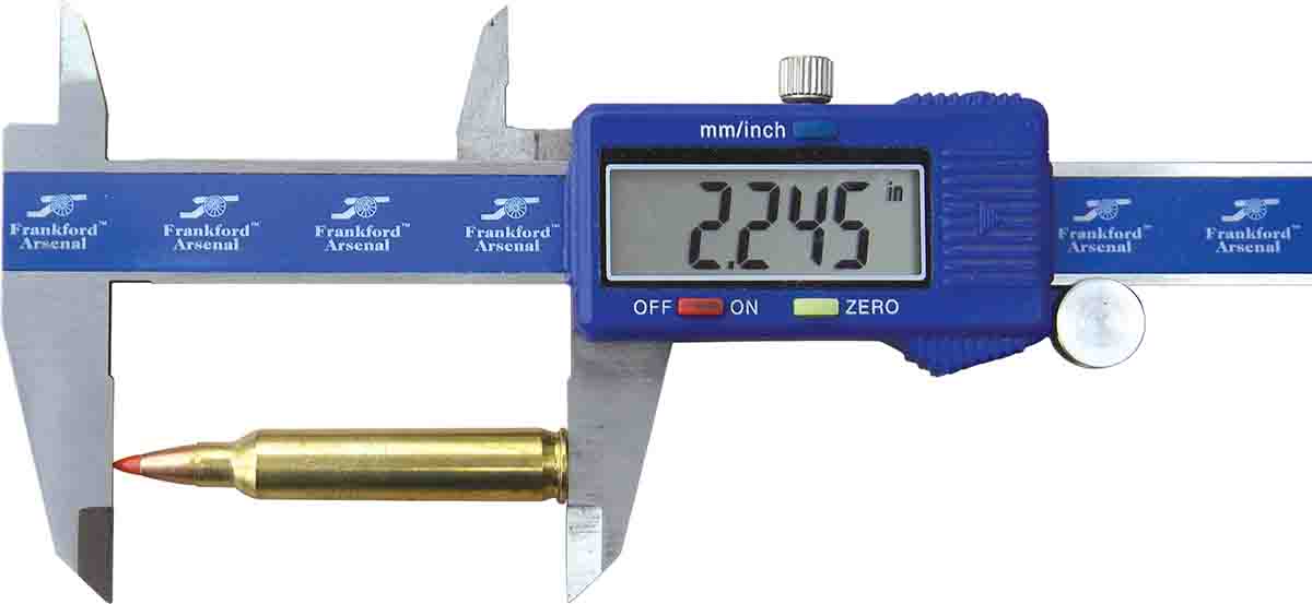 Maximum overall cartridge length is limited to 2.260 inches; however, most handload data was developed with overall loaded lengths from 2.245 to 2.250 inches.